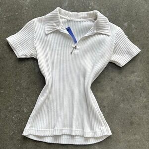White Ribbed Size Small Quarter Zip Short Sleeve Polo Top
